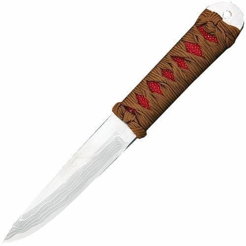 фото Туристический охотничий нож с фиксированным клинком maruyoshi hand crafted, сталь shirogami, рукоять коричневая обмотка/красная кожа