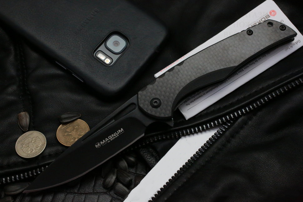 фото Нож складной magnum black carbon - boker 01ry703, сталь 440a edp plain, рукоять карбон, чёрный