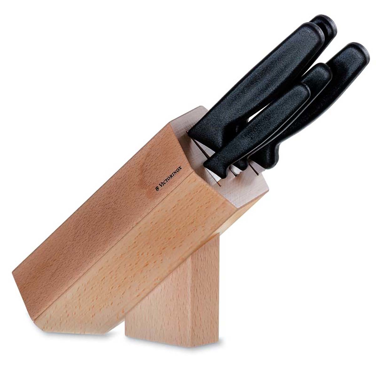 фото Кухонный набор из 5 ножей victorinox, сталь x50crmov15, деревянная подставка