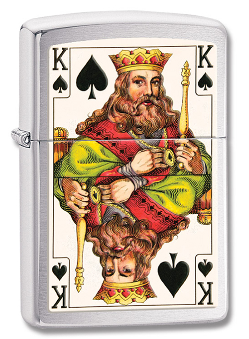 Зажигалка ZIPPO King, латунь с покрытием Brushed Chrome, серебристый, матовый хром, 36х12x56мм Зажигалка ZIPPO King, латунь с покрытием Brushed Chrome, серебристый, матовый хром, 36х12x56ммЗажигалки Zippo<br>Зажигалка ZIPPO King, латунь с покрытием Brushed Chrome, серебряный с картинками королей пик, матовый хром, 36х12x56 мм<br>