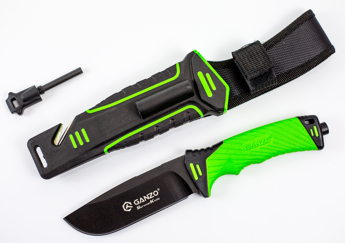 фото Нож для выживания с огнивом и точилкой ganzo g8012, зеленый