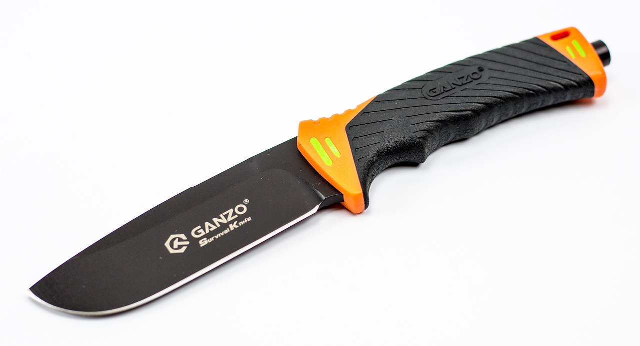 фото Нож для выживания с огнивом и точилкой ganzo g8012, черно-оранжевый