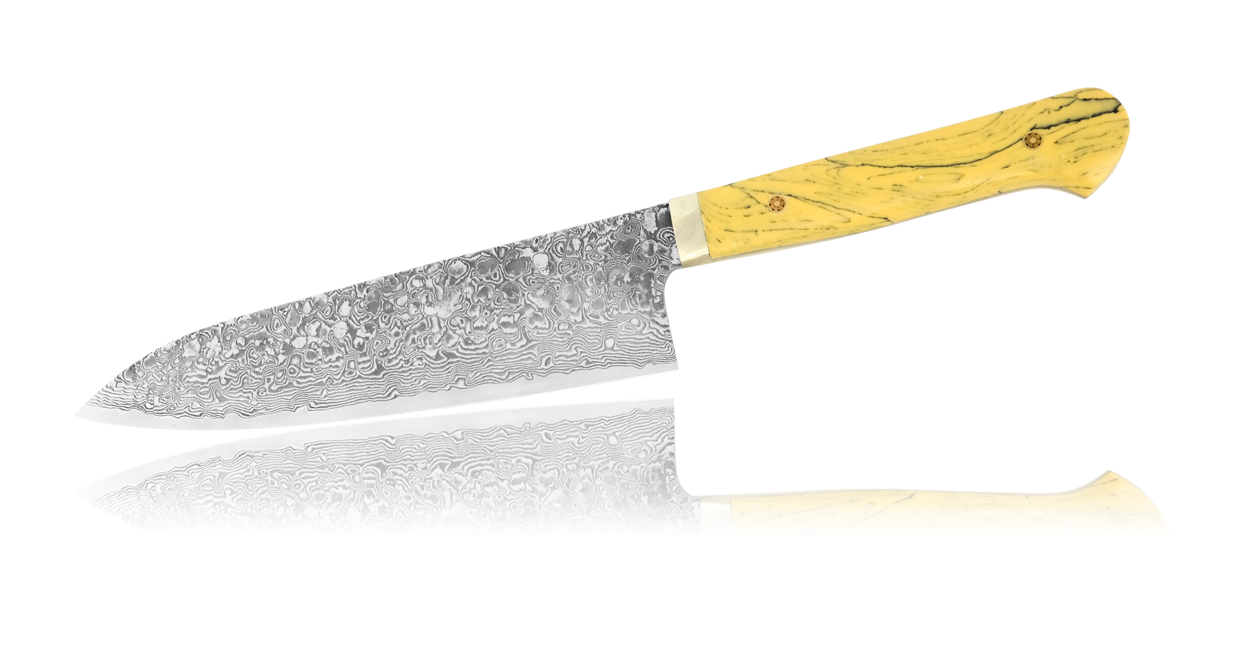 Нож Шеф Hiroo Itou, 180 мм, сталь R-2 в обкладках Damaskus, рукоять кориан желтый