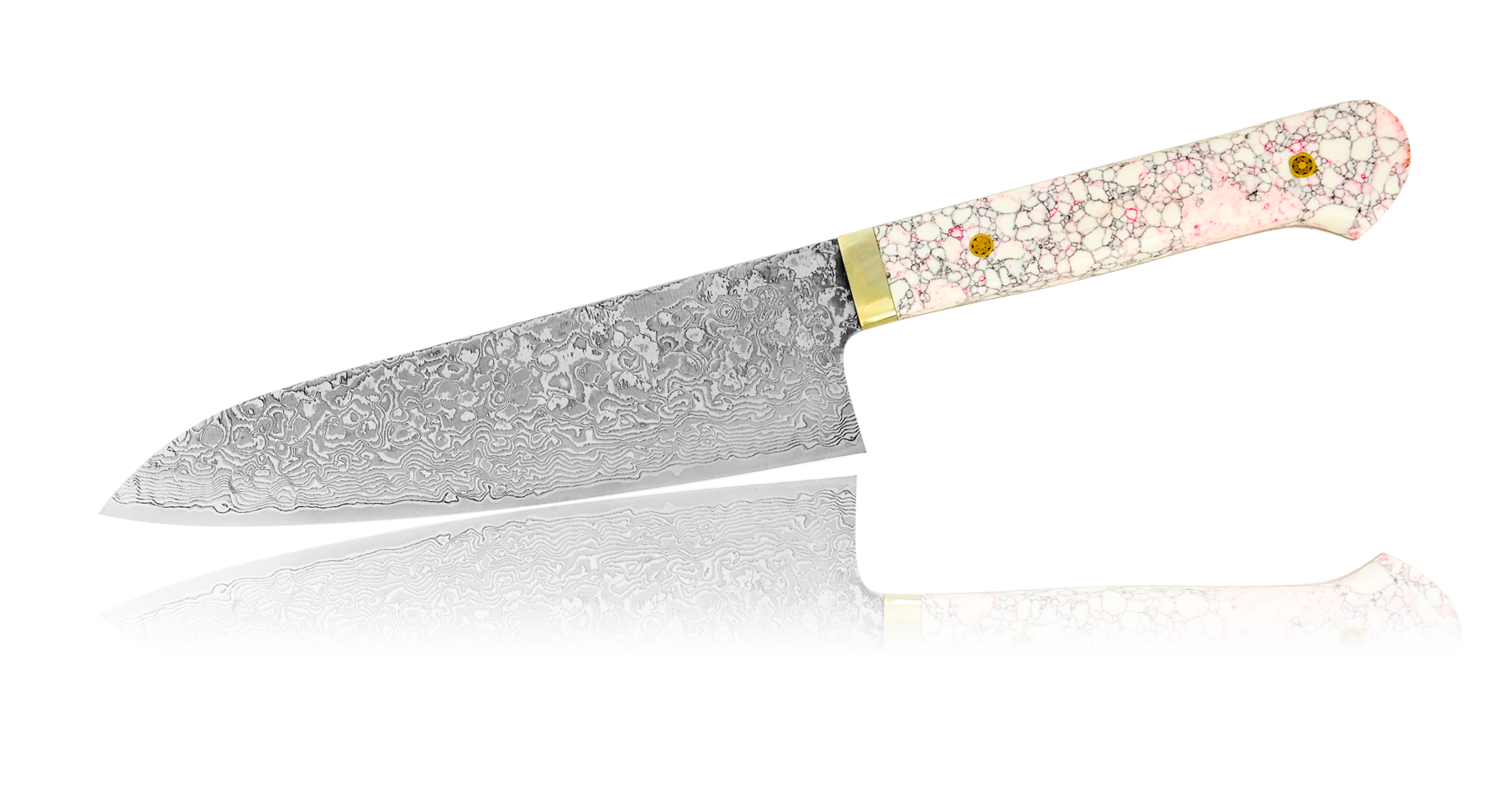 Нож Шеф Hiroo Itou, 180 мм, сталь R-2 в обкладках Damaskus, рукоять кориан бело-розовый