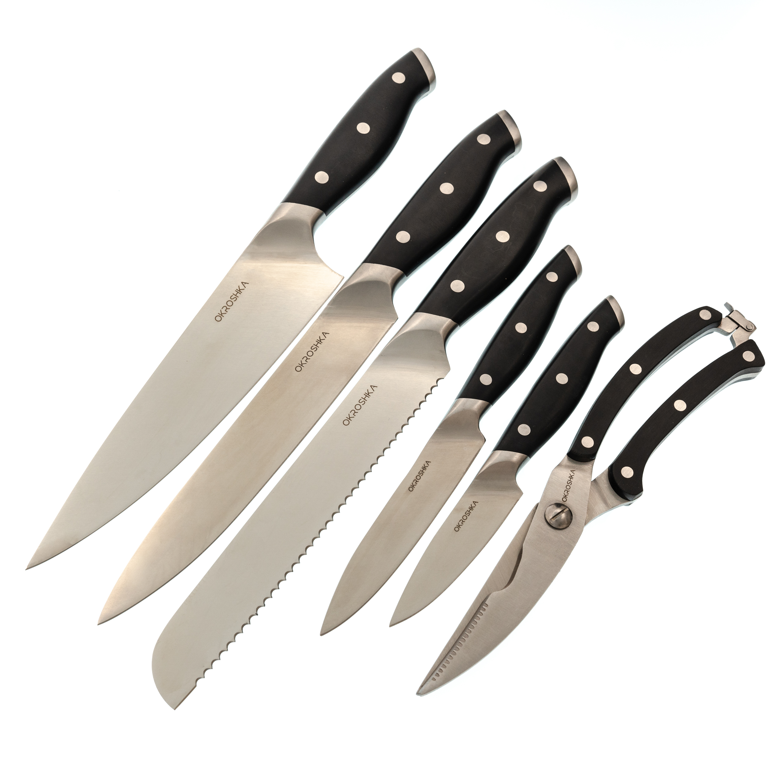 фото Набор кухонных ножей okroshka tartar в подставке, 5 ножей + ножницы, сталь 5cr15mov, рукоять сталь/пластик