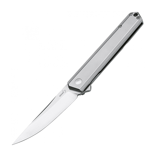 Нож складной Kwaiken Flipper Framelock - Boker Plus 01BO269, сталь D2 Satin Plain, рукоять нержавеющая сталь