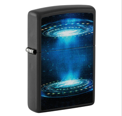 Фото Зажигалка ZIPPO UFO Flame с покрытием Black Light, латунь/сталь, черная, матовая