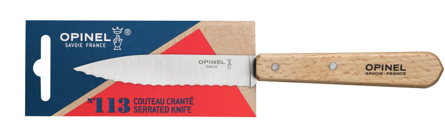 Нож столовый серрейторный Opinel №113, деревянная рукоять, нержавеющая сталь, блистер - фото 2