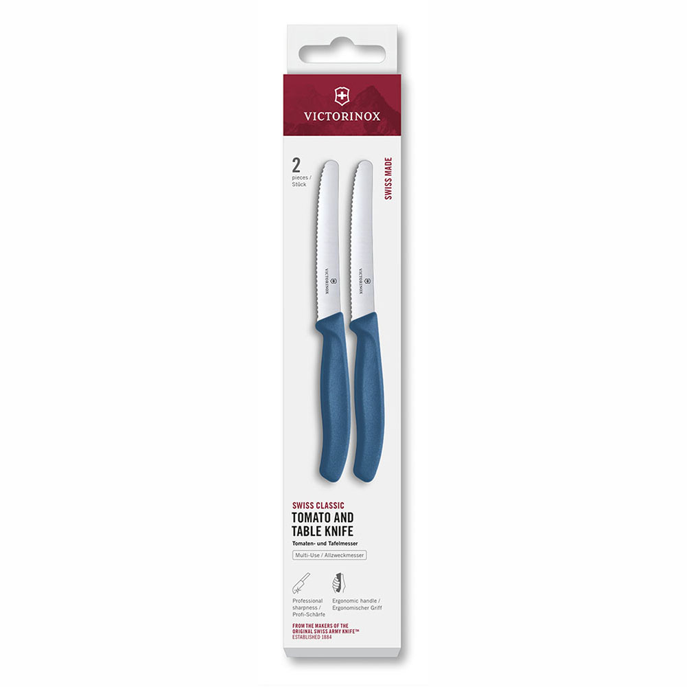 

Набор из 2х столовых серрейторных ножей Victorinox SwissClassic 11 см, нержавеющая сталь, рукоять полипропилен, синий