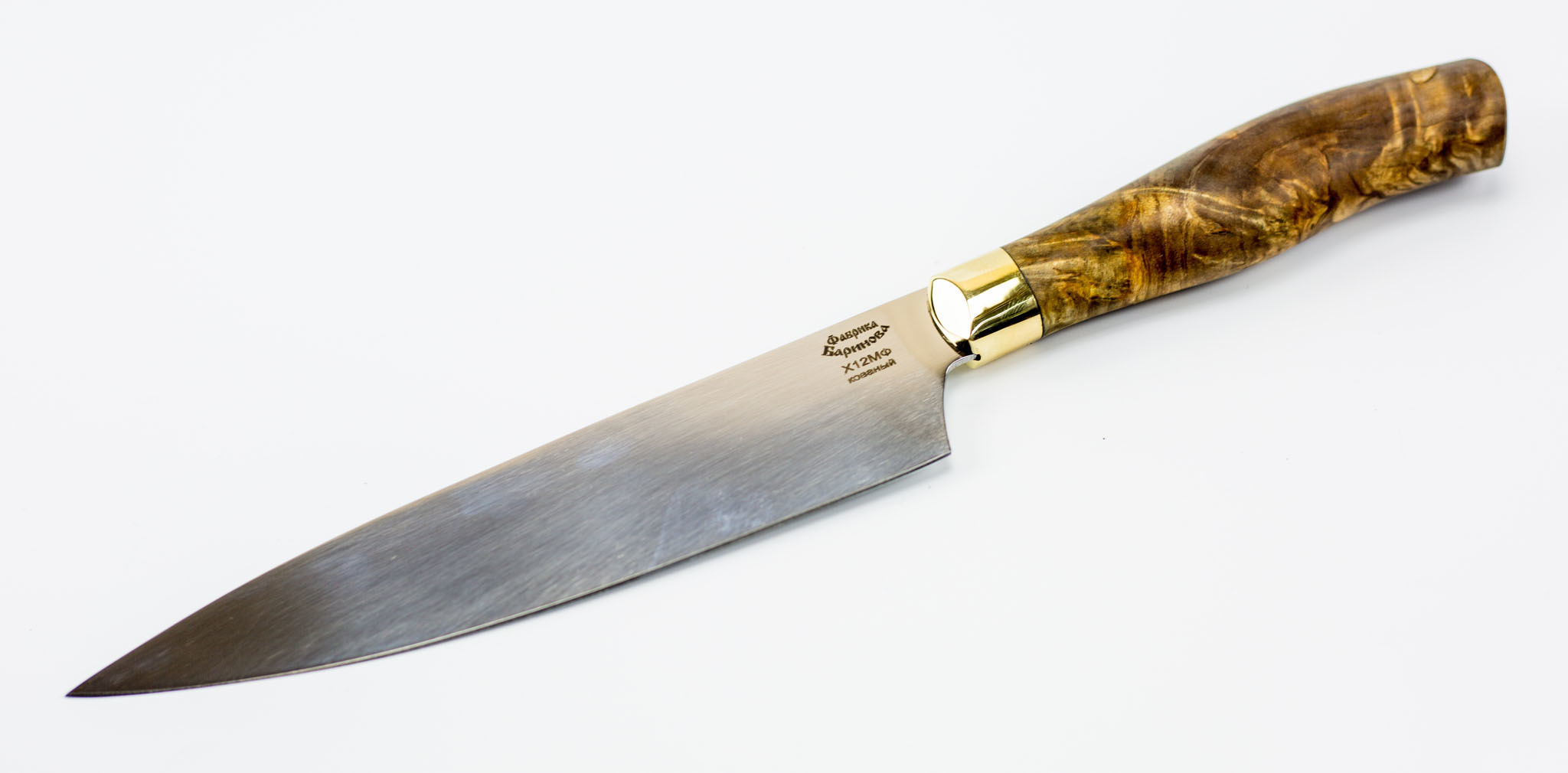 Нож кухонный Шеф-1, сталь Х12МФ латунь, карельская береза