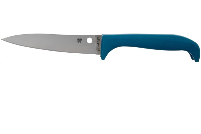 фото Универсальный кухонный нож spyderco counter puppy serrated, сталь 7cr17, рукоять синий пластик