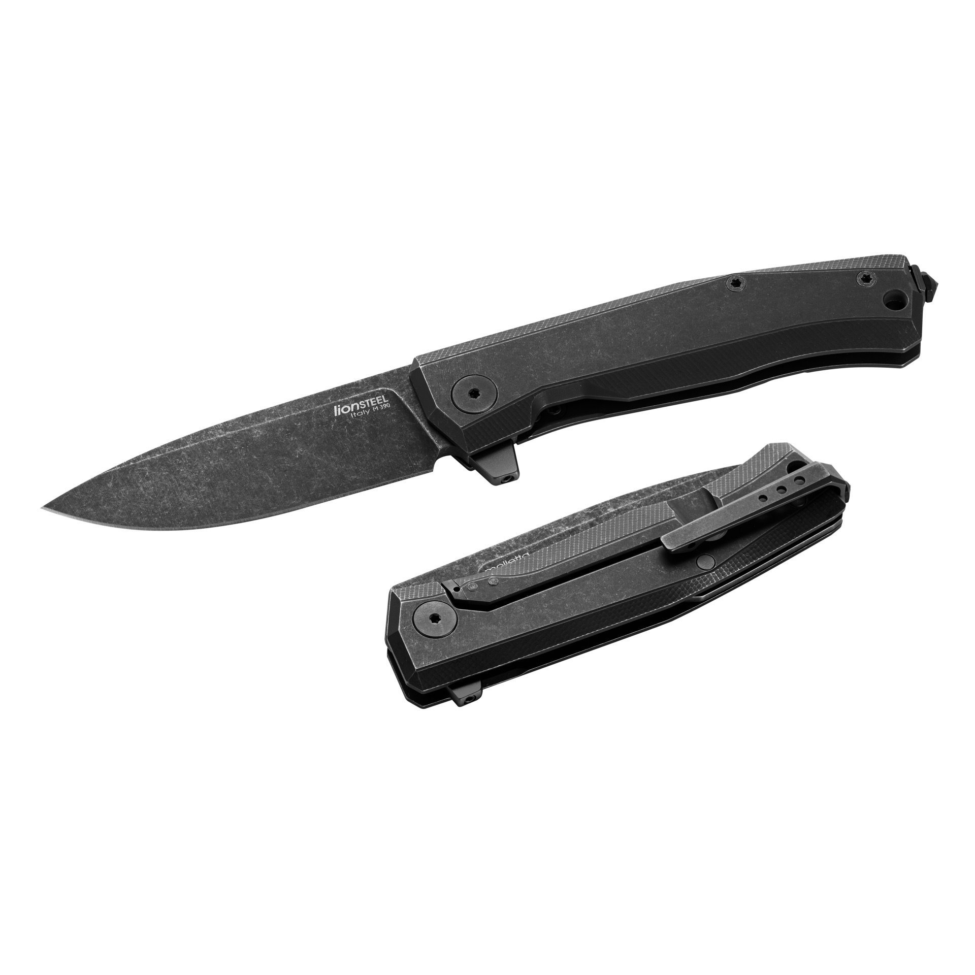 Складной нож LionSteel MT01B BW, сталь M390, рукоять Black titanium