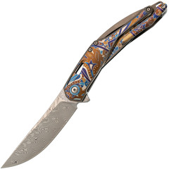 Фото Складной нож Alpha Miu AY-T-24058-2, сталь дамаск, рукоять титан с узорной гравировкой