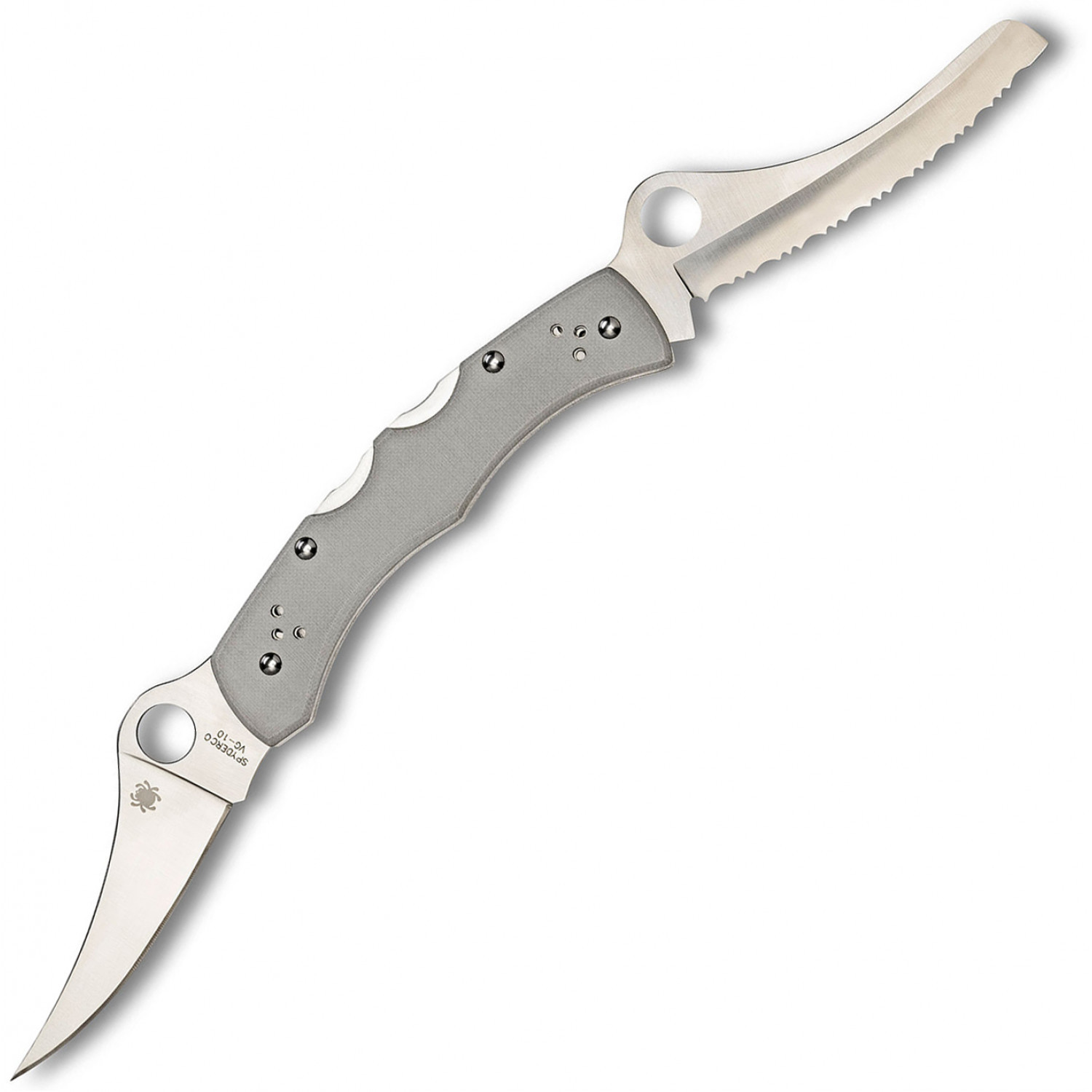 Складной нож с двумя лезвиями Spyderco Dyad® - 44GP&SGY, сталь VG-10 Satin PlainEdge + Serrated (SpyderEdge™), рукоять стеклотекстолит G10, серый