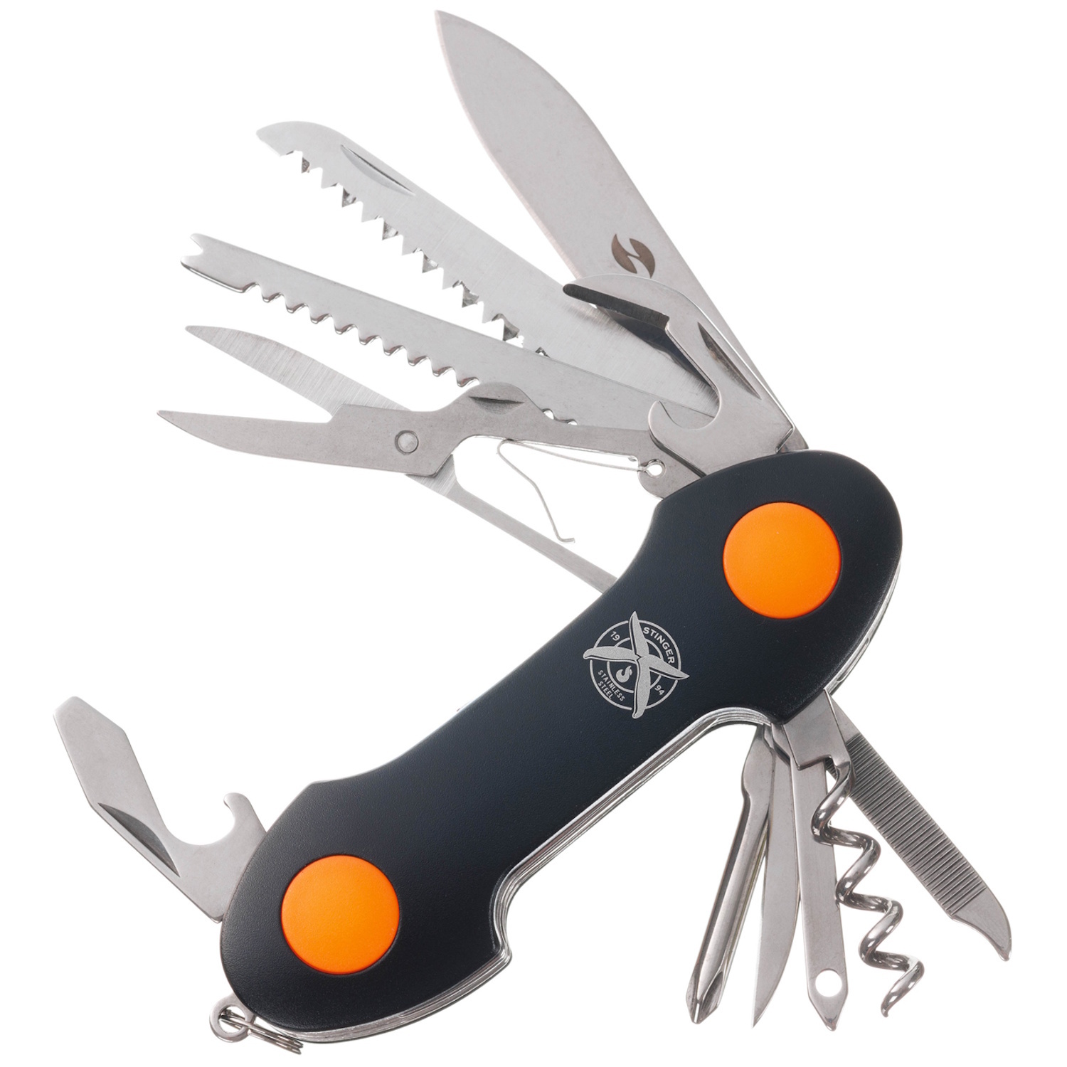 

Нож перочинный Stinger 95 мм, 15 функций, черный/оранжевый