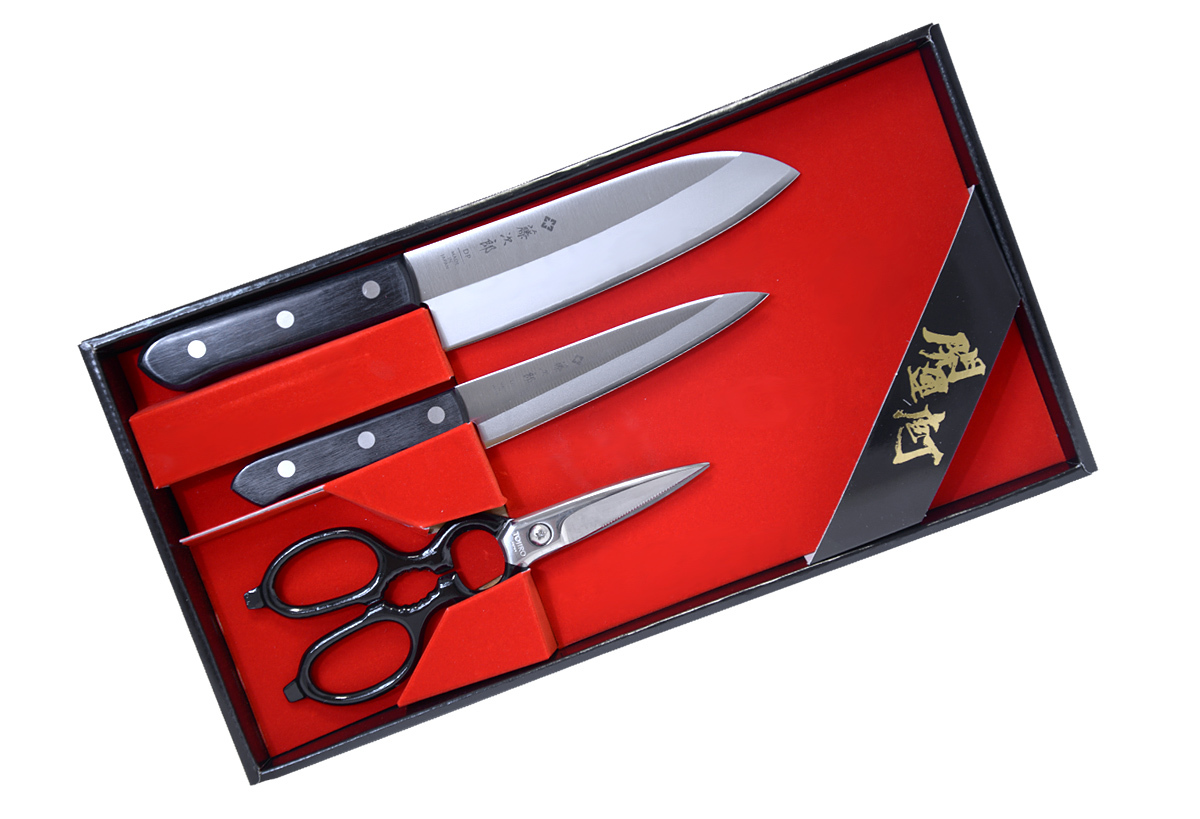 фото Набор из 2-х кухонных ножей и ножниц, tojiro, сталь vg-10, ft-013, в подарочной упаковке