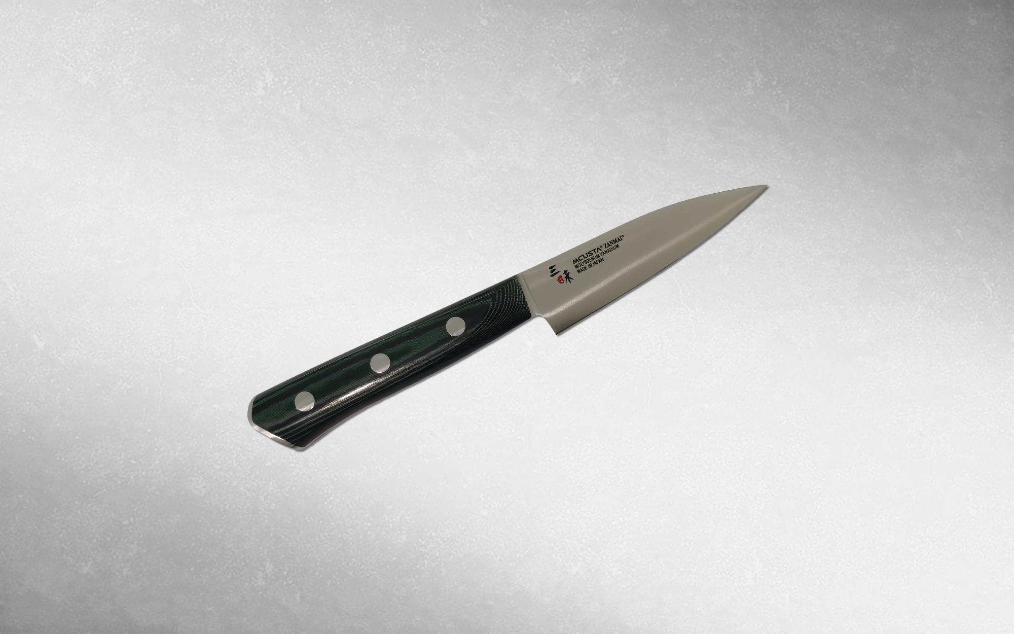 Нож кухонный для овощей Mcusta Zanmai Forest 90 мм, Takamura, HBG-6000M, сталь Molybdenum Vanadium, микарта, чёрный