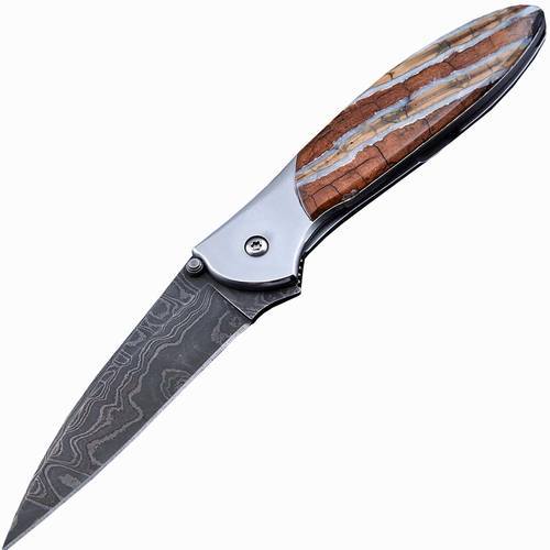 Полуавтоматический складной нож Santa Fe Kershaw Leek, дамасская сталь, рукоять сталь с накладкой из зуба мамонта