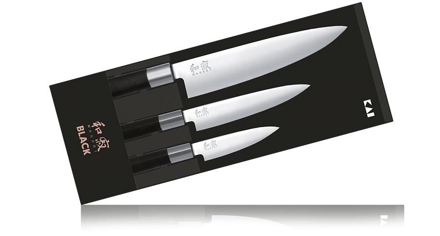 Набор из 3-х кухонных ножей KAI Wasabi Black, сталь 6A/1K6, рукоять пластик - фото 1