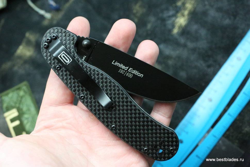фото Нож складной okc rat-1, сталь d2, клинок - black, рукоять - carbon fiber ontario