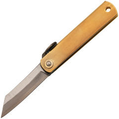 Фото Нож-брелок складной Higonokami Nagao Kanekoma Hand 50 мм, сталь Aogami Damascus 3 слоя, рукоять латунь золотая