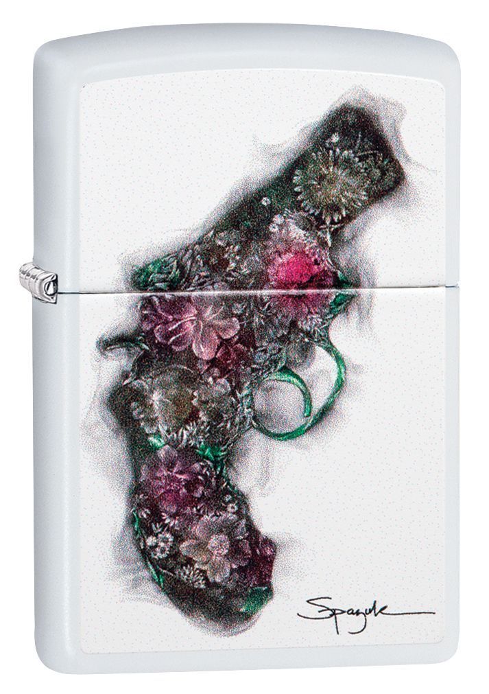 Зажигалка ZIPPO Spazuk Gun of Flowers с покрытием White Matte, латунь/сталь, белая, матовая, 36x12x56 мм