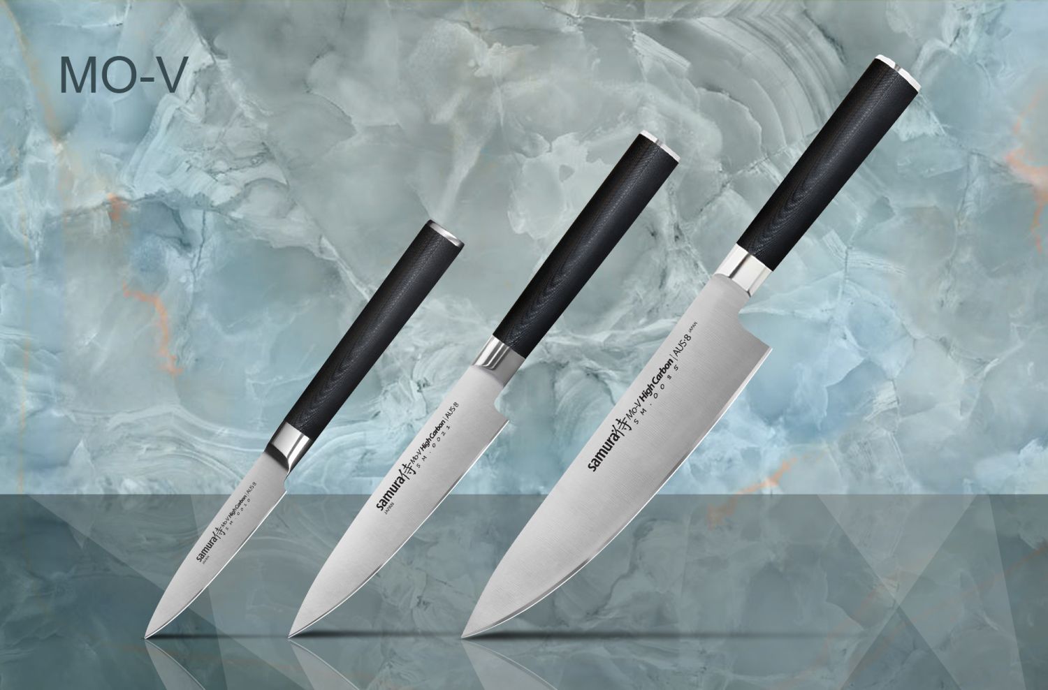 фото Набор из 3 кухонных ножей samura mov в подарочной коробке - "поварская тройка", сталь aus-8, рукоять g10, sm-0220