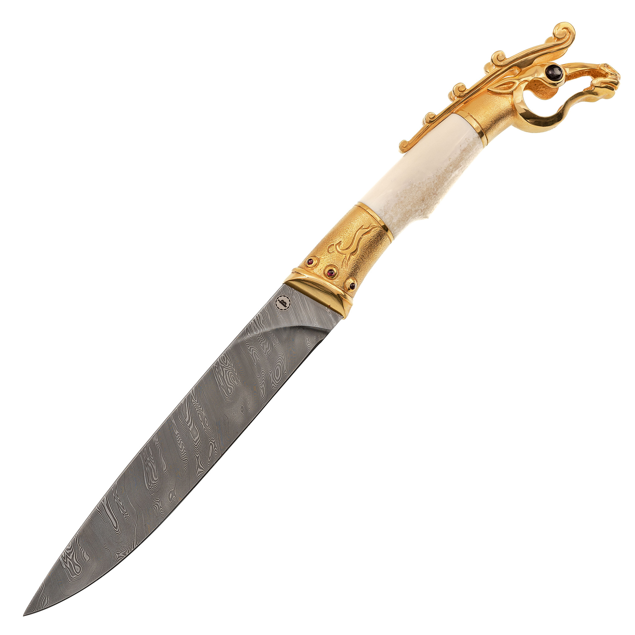 Подарочный нож Олень. Коллекция «Скифы», дамасская сталь с никелем, рукоять моржовый клык, гранат