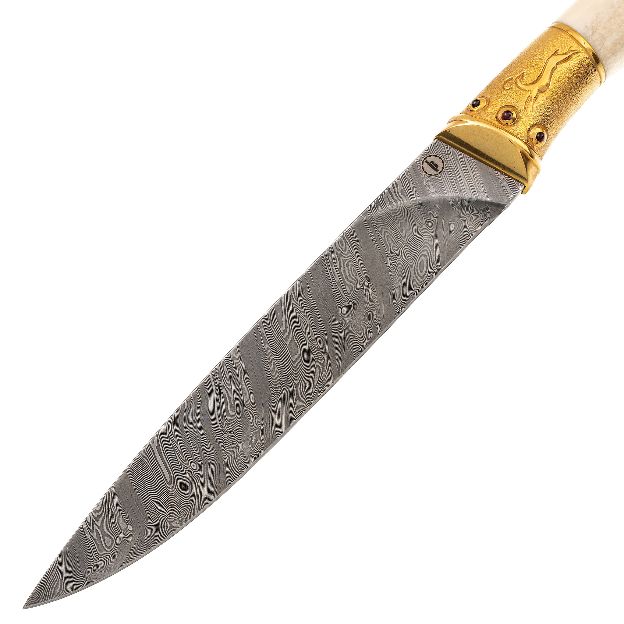 Подарочный нож Олень. Коллекция «Скифы», дамасская сталь с никелем, рукоять моржовый клык, гранат - фото 2