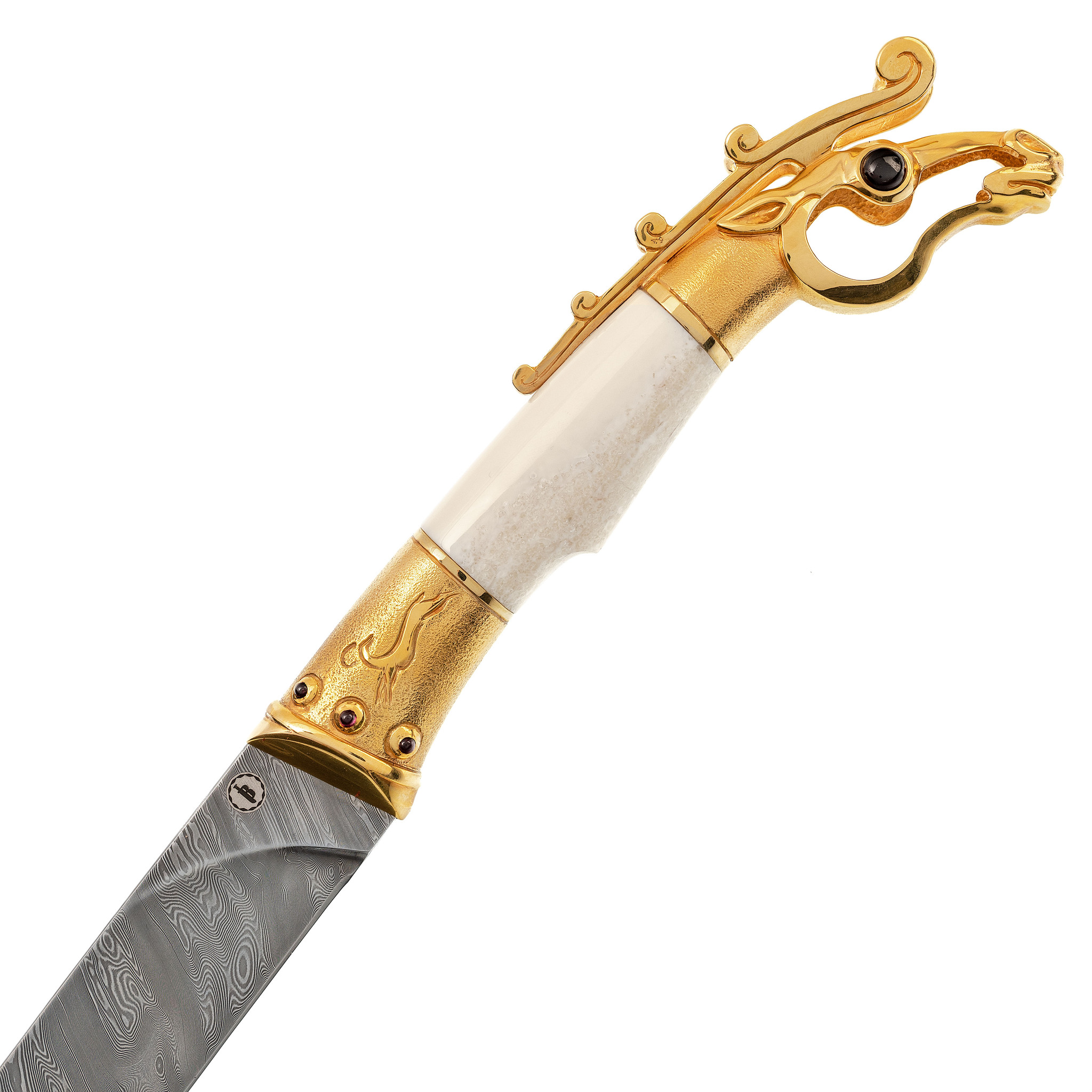 Подарочный нож Олень. Коллекция «Скифы», дамасская сталь с никелем, рукоять моржовый клык, гранат - фото 3