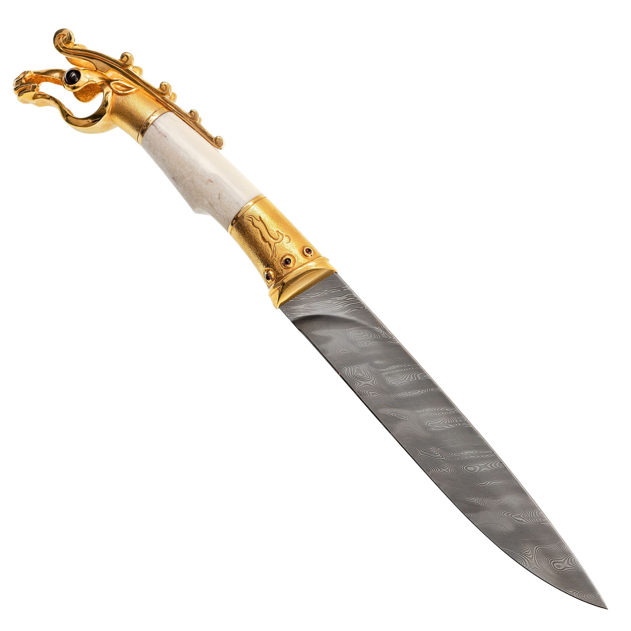 Подарочный нож Олень. Коллекция «Скифы», дамасская сталь с никелем, рукоять моржовый клык, гранат - фото 5