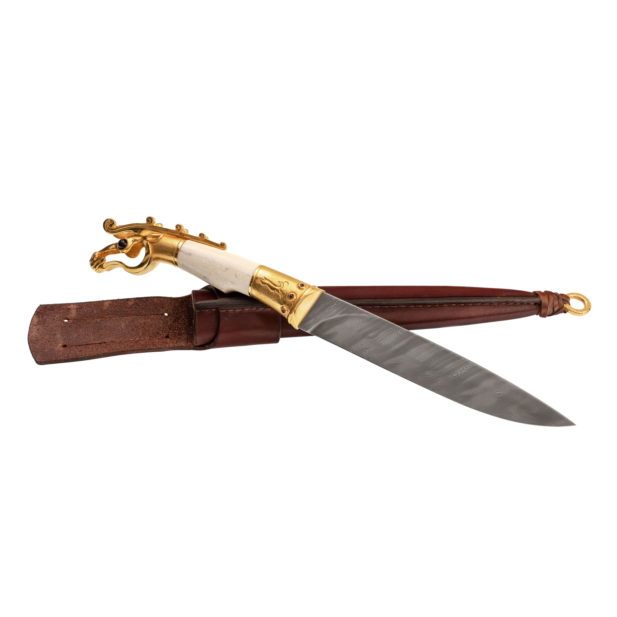 Подарочный нож Олень. Коллекция «Скифы», дамасская сталь с никелем, рукоять моржовый клык, гранат - фото 7