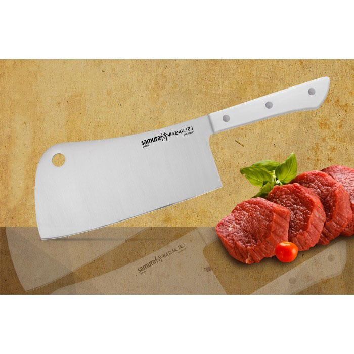нож кухонный универсальный samura harakiri shr 0023w 150 мм сталь aus 8 рукоять abs пластик белый Нож-топорик кухонный для мяса Samura 