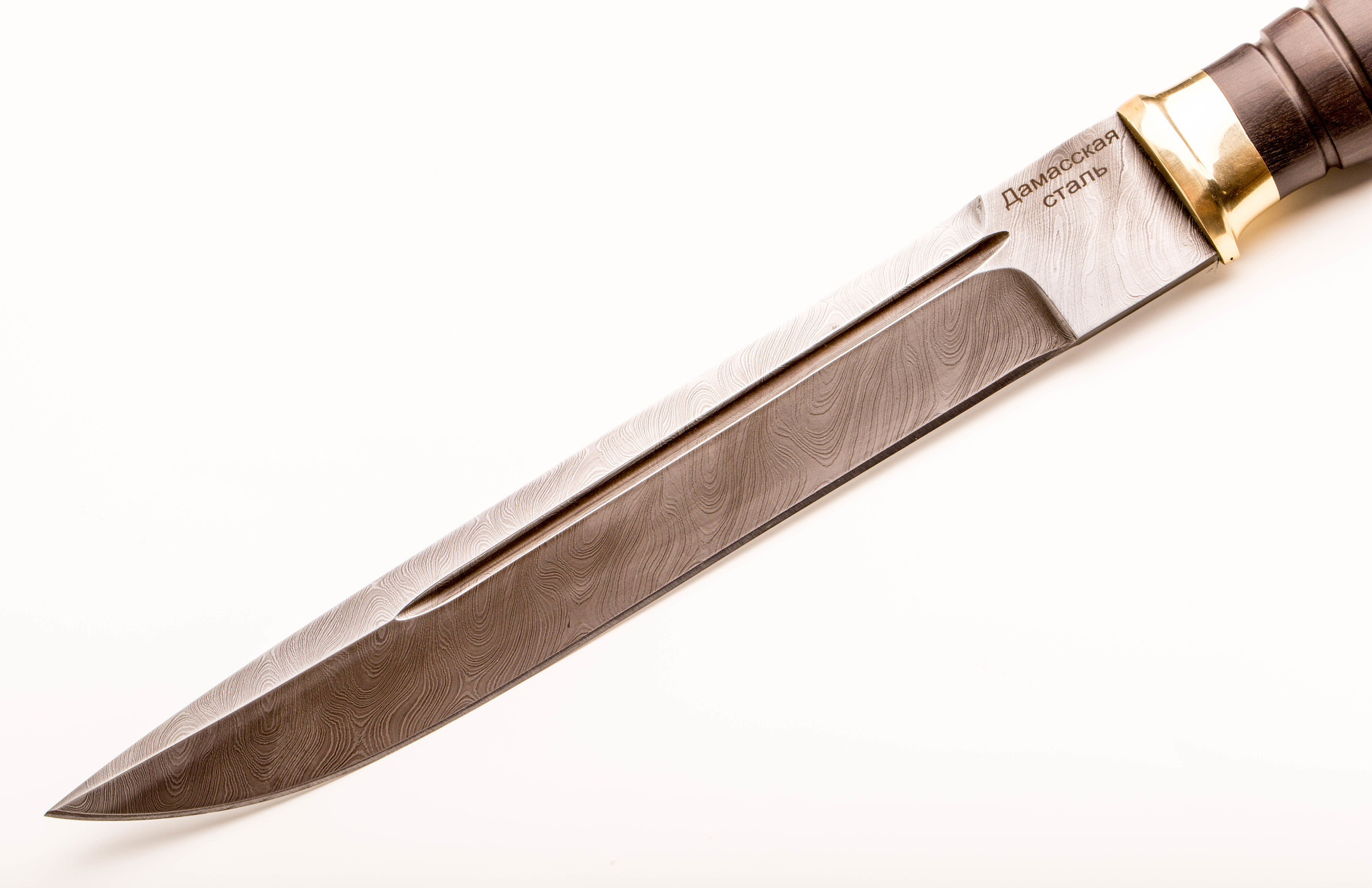 Нож Пластунский дамаск, черный граб, латунь и кожа - фото 3