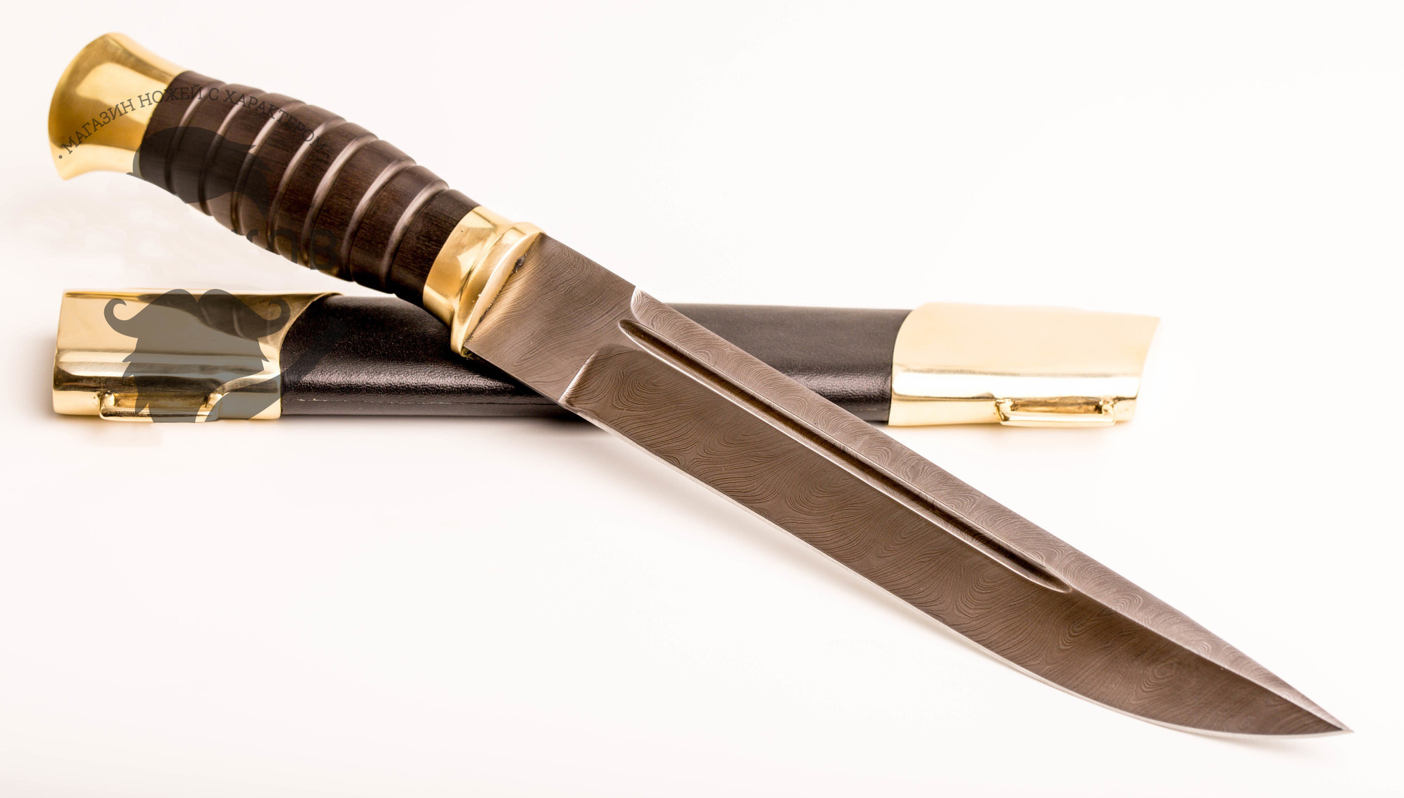 Нож Пластунский дамаск, черный граб, латунь и кожа - фото 4