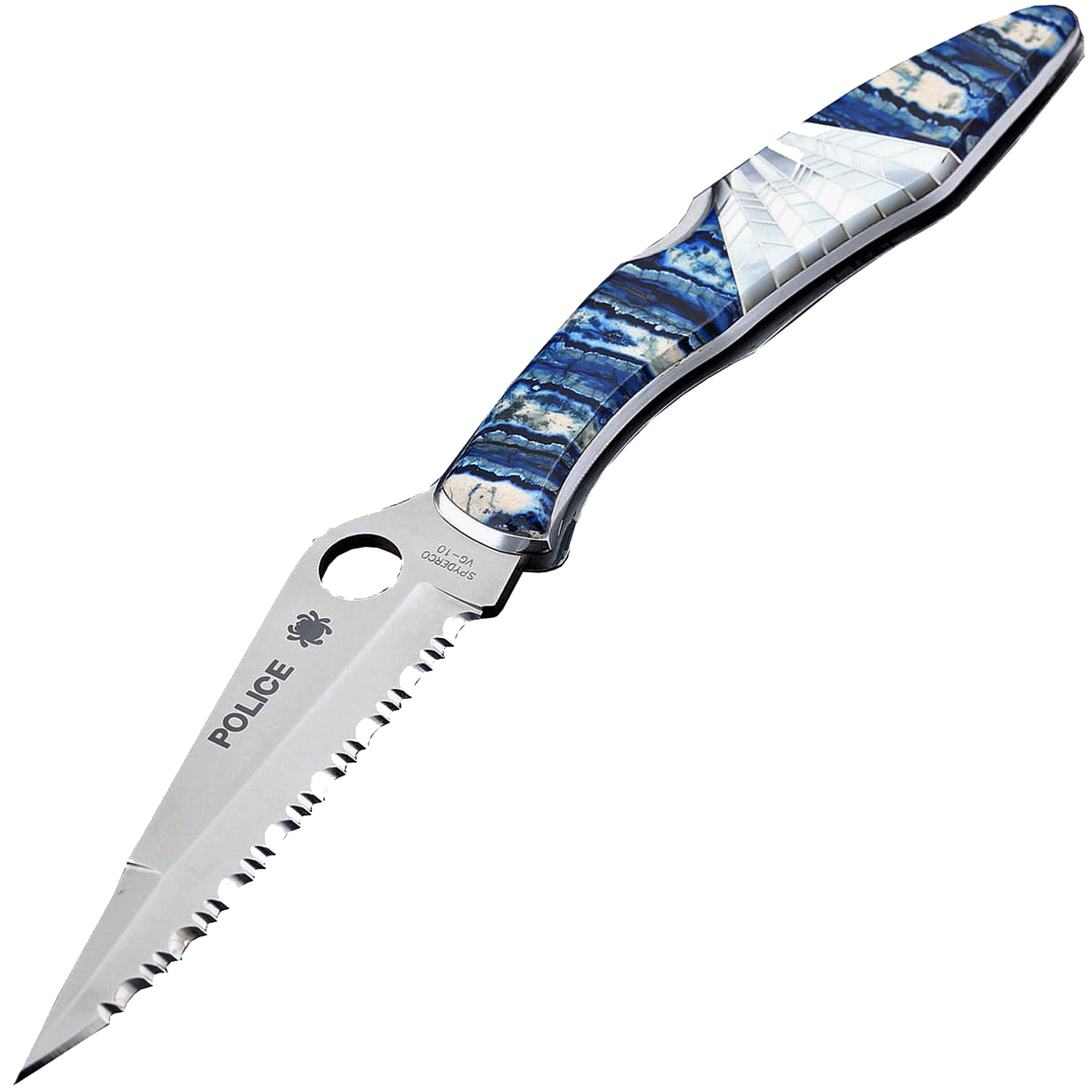 Складной нож Santa Fe Spyderco Police Serrated, сталь VG-10, рукоять сталь с накладкой из зуба мамонта/перламутра - фото 1