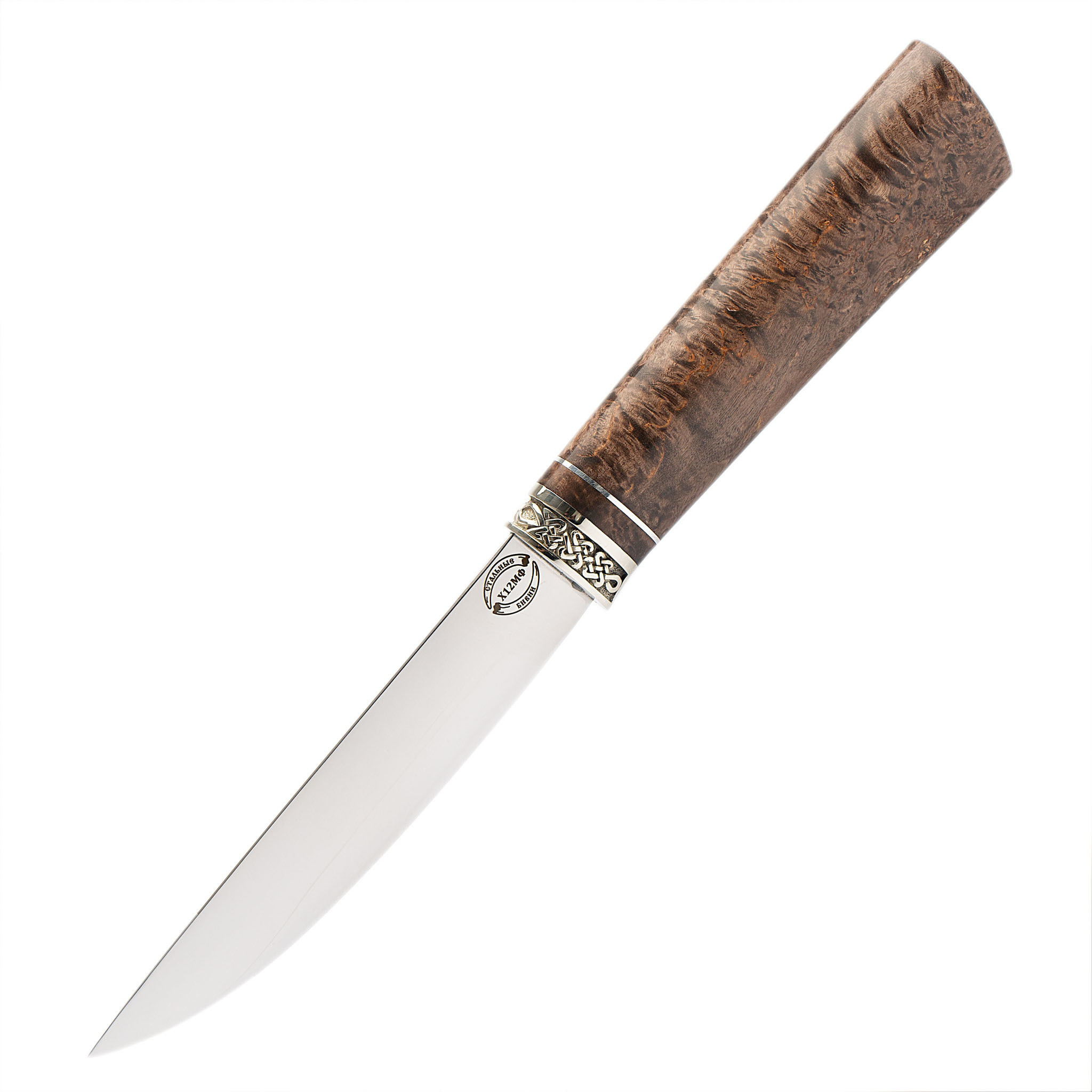 фото Нож якутский средний, сталь х12мф,коричневая карельская береза, литье стальные бивни