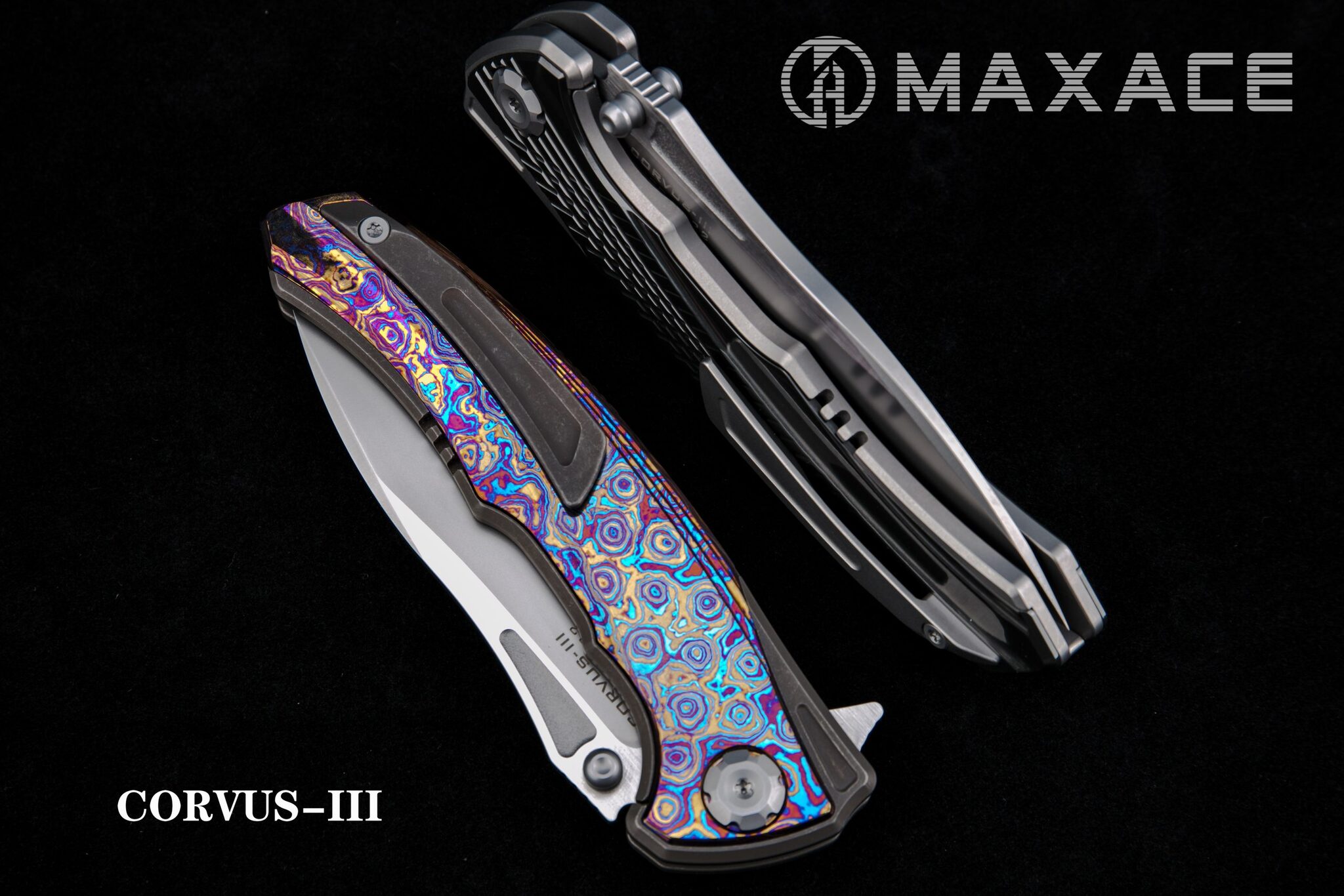 фото Складной нож maxace corvus, сталь m390, mokume tc4+inlay maxace knife