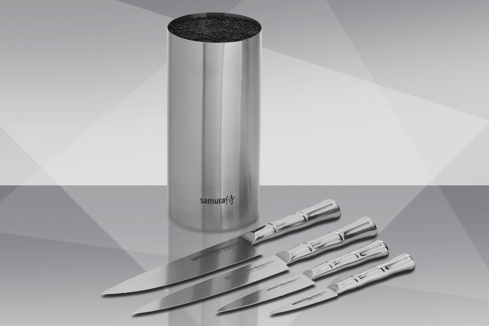 фото Набор из 4 ножей и подставки samura bamboo в подарочной коробке sba-5, сталь aus-8, рукоять нержавеющая сталь