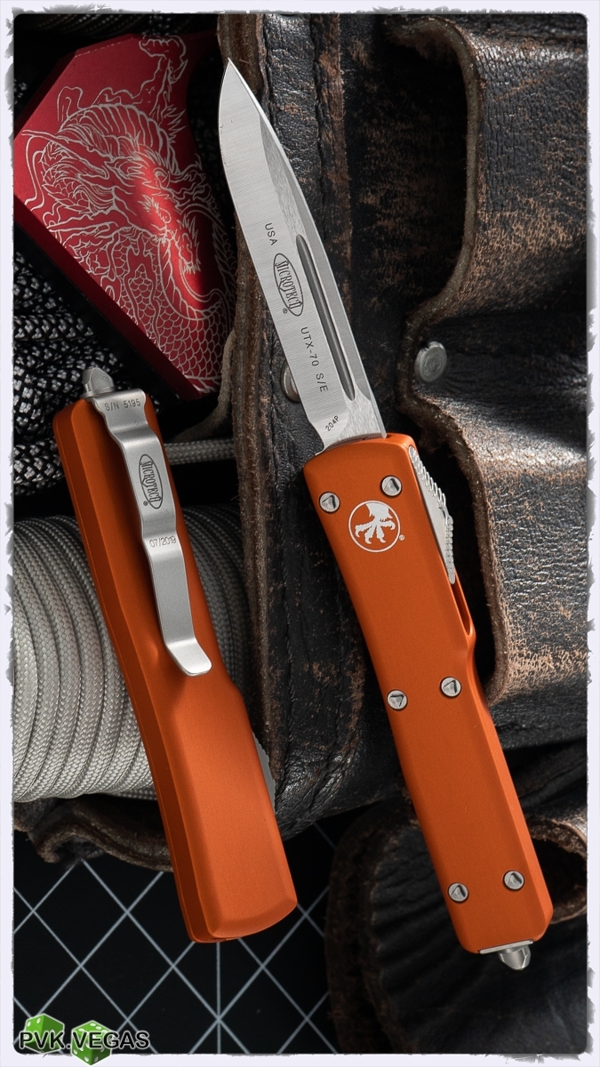 Автоматический складной нож Microtech UTX-70 S/E, сталь CTS-204P, рукоять оранжевый алюминий, сатин клинок