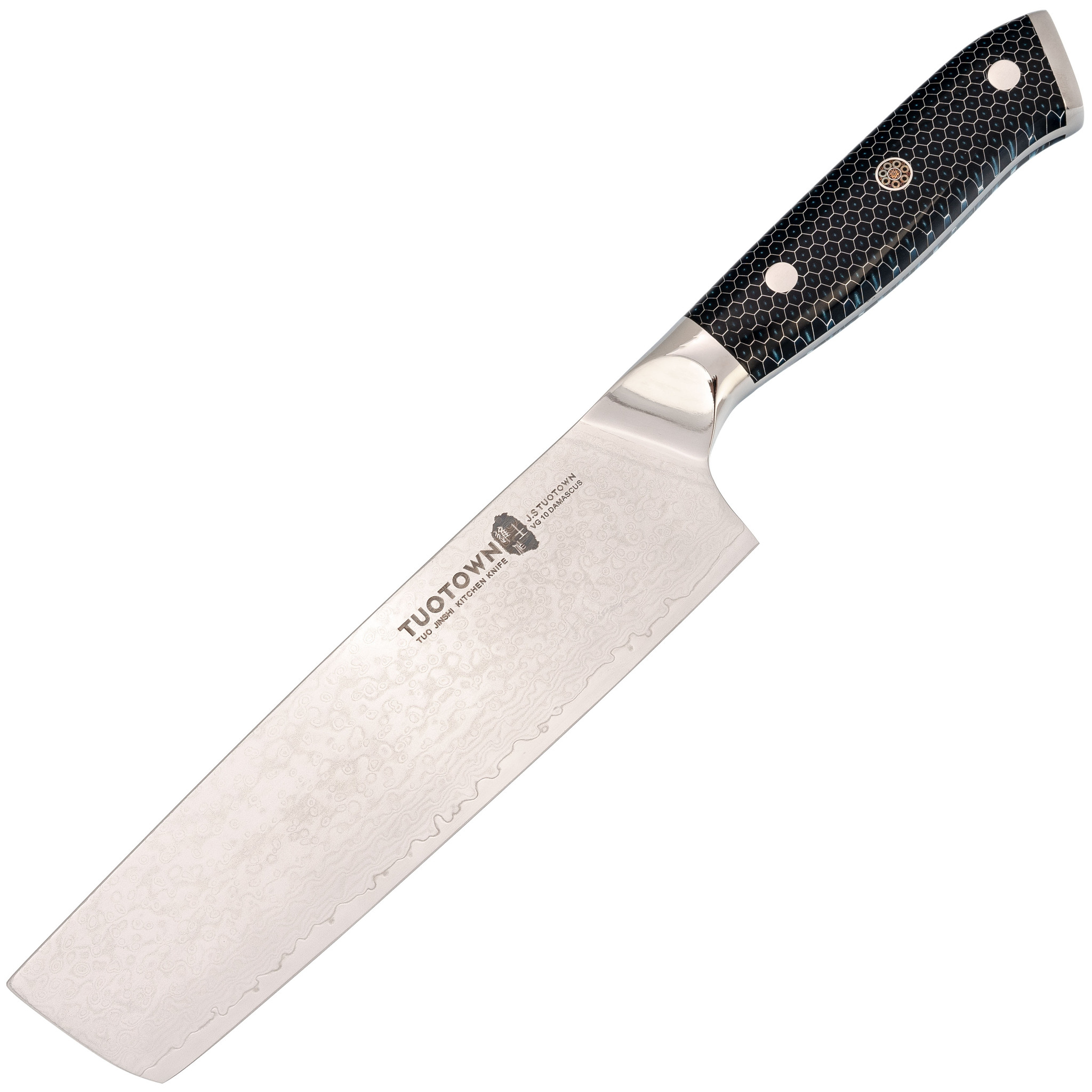 Кухонный нож Накири Tuotown, сталь VG10, обкладка Damascus, рукоять акрил, синий - фото 1