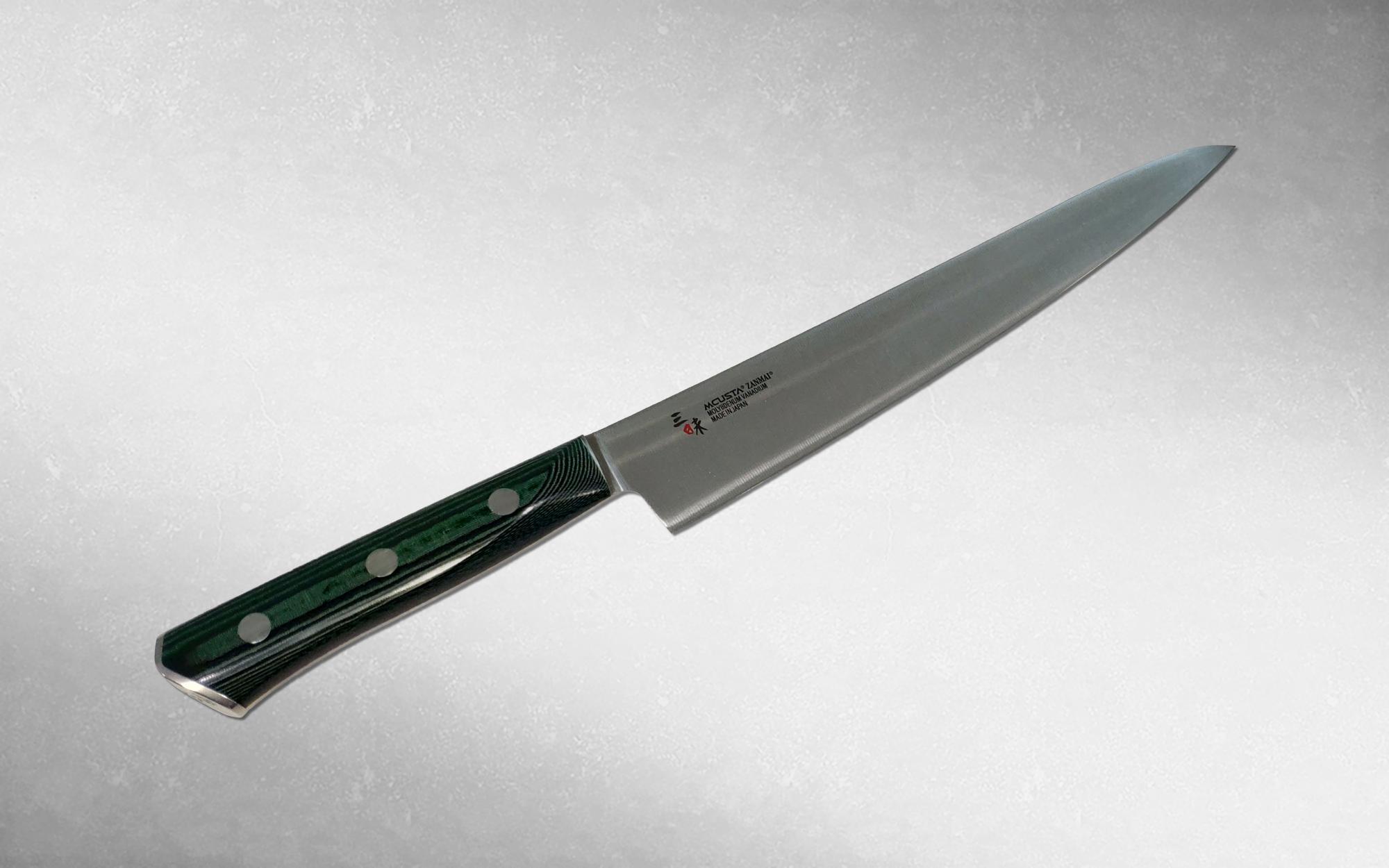 фото Нож кухонный слайсер mcusta zanmai forest 240 мм, takamura, hbg-6010m, сталь molybdenum vanadium, микарта, чёрный takamura cutlery