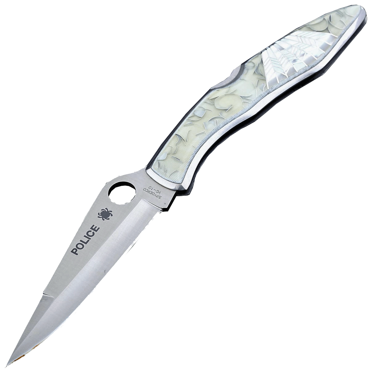 Складной нож Santa Fe Spyderco Police, сталь VG-10, рукоять сталь с накладкой из акрила/перламутра