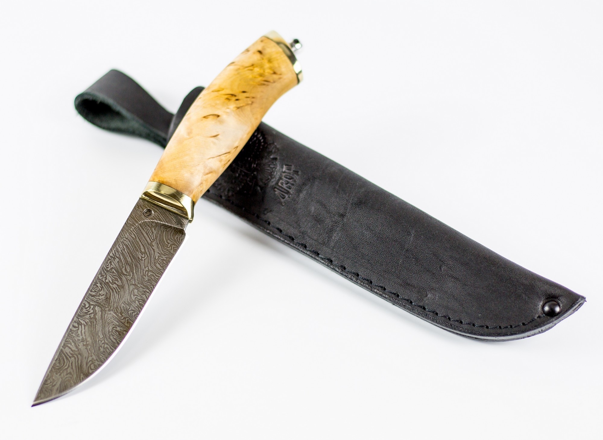 фото Нож гид, дамасская сталь, рукоять карельская береза ножи крутова