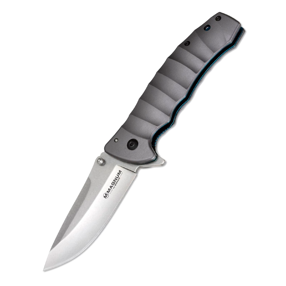 фото Нож складной magnum blue drop, сталь 440а stonewash plain, рукоять анодированный алюминий, серый, boker 01ry199