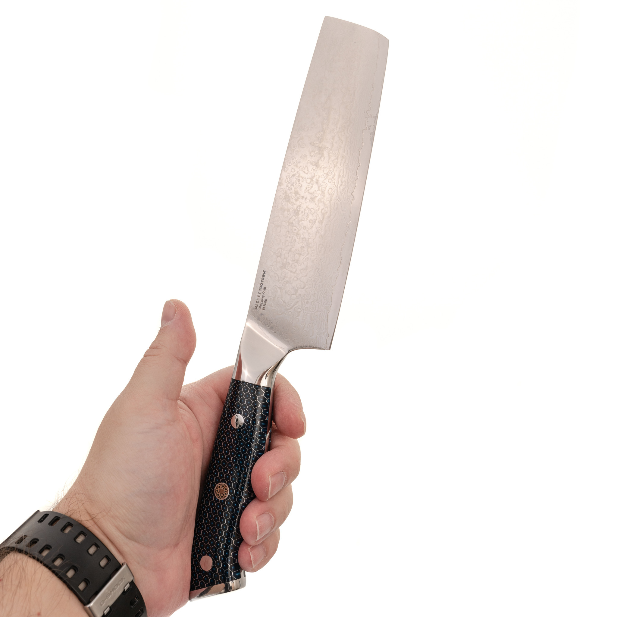 Кухонный нож Накири Tuotown, сталь VG10, обкладка Damascus, рукоять акрил, синий - фото 4