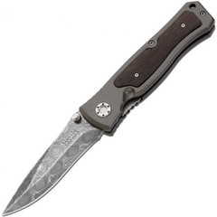 Фото Нож складной Leopard Damascus II - Boker 111054DAM, дамасская сталь Plain, рукоять анодированный алюминий/дерево, коричневый