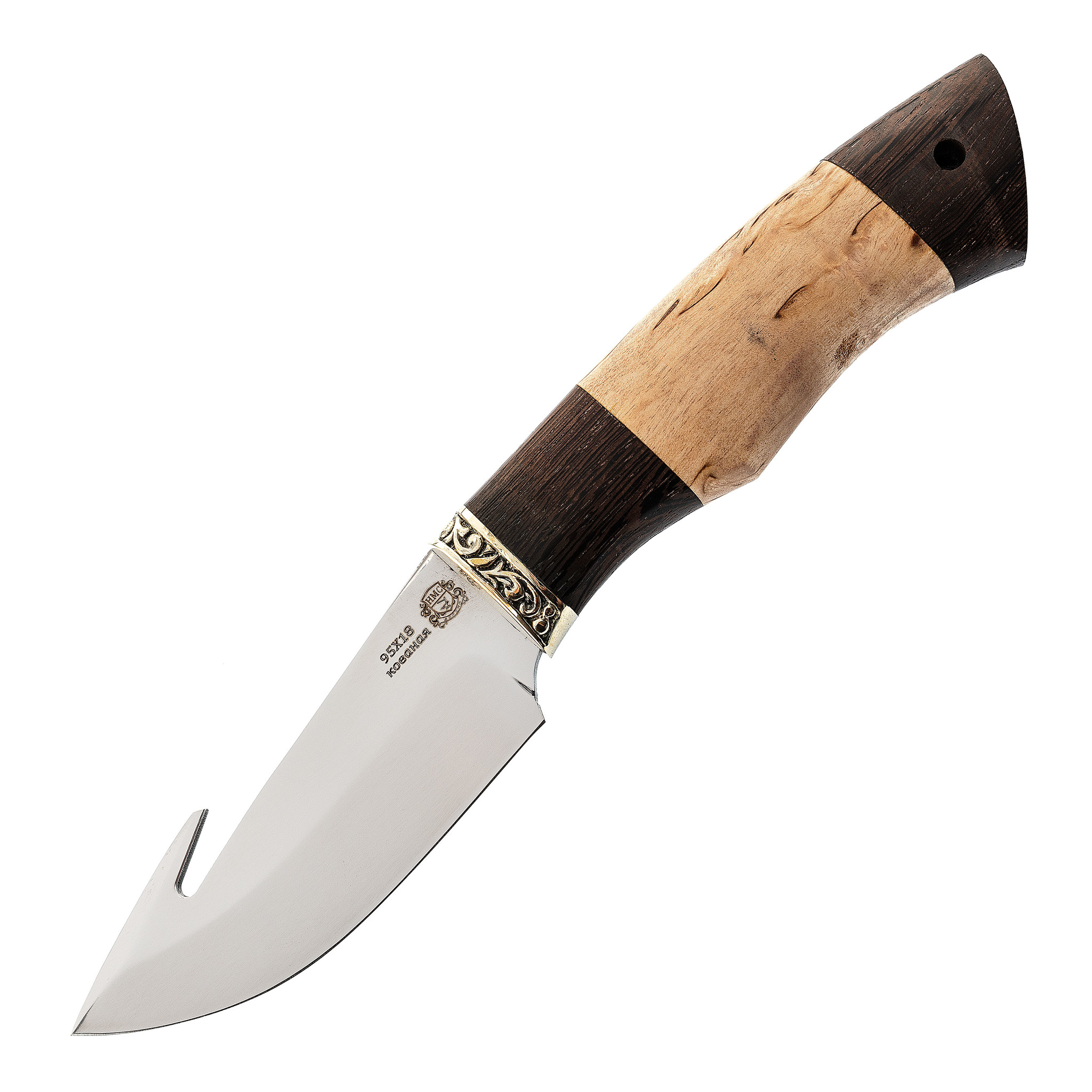 Нож Шкуросъемный с крюком, сталь 95Х18, рукоять карельская береза/венге - фото 1