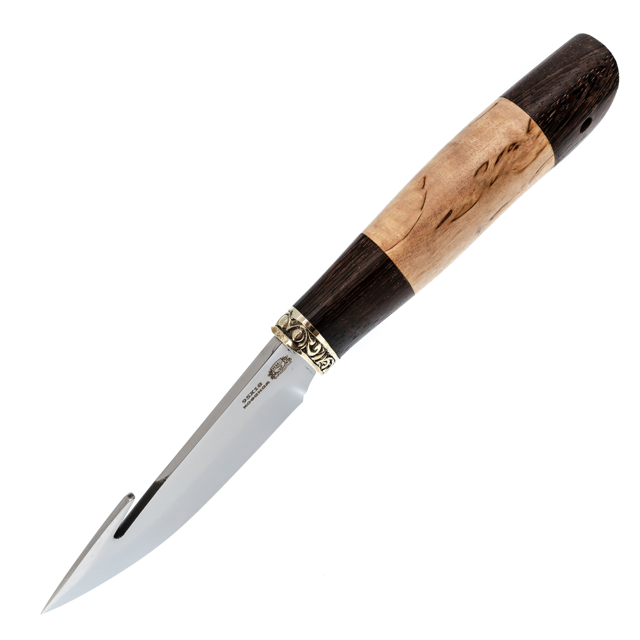 фото Нож шкуросъемный с крюком, сталь 95х18, рукоять карельская береза/венге мастерская сковородихина