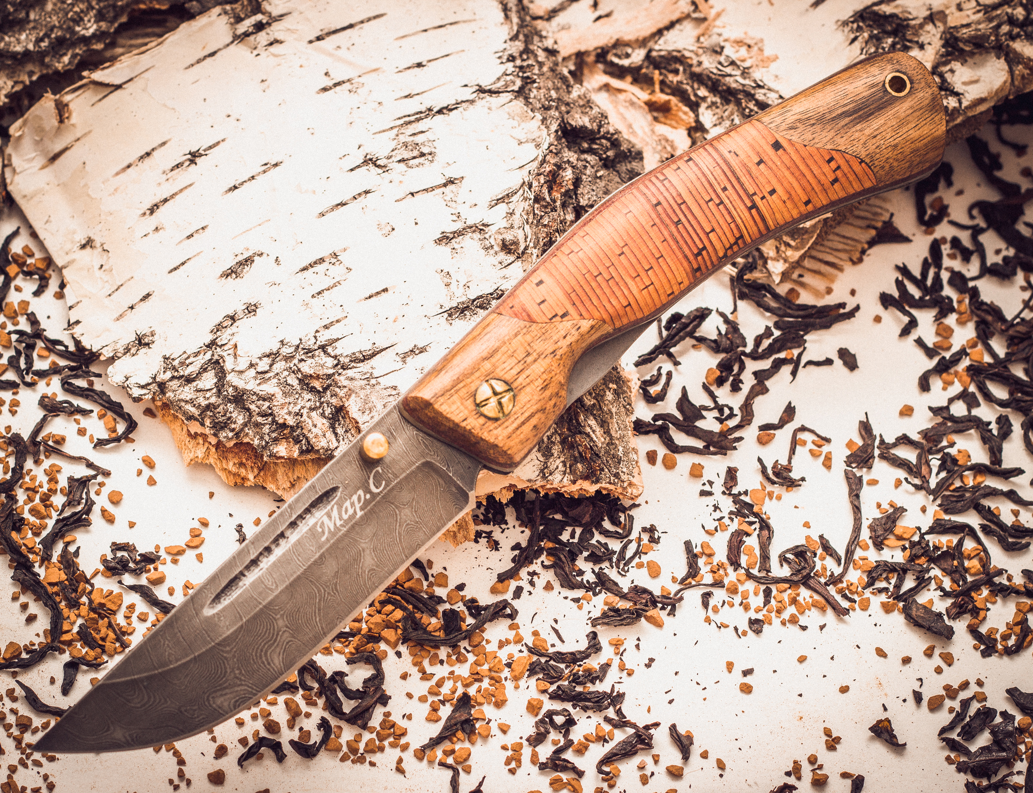 фото Складной нож нижегородец, дамаск, береста марычев